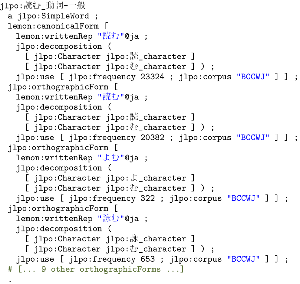 Example of JLP-O entry in RDF turtle format (abridged).